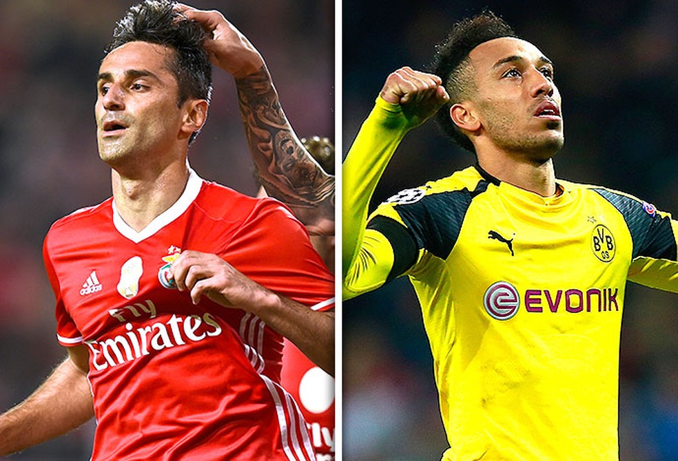 Brasileiro Jonas é a referência ofensiva do Benfica. No Borussia, Aubameyang é o astro (Foto: Editoria de arte)