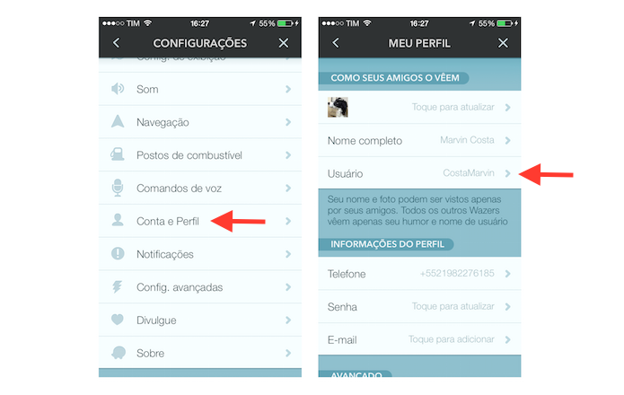 Acessando as configurações de nome de usuário no Waze (Foto: Reprodução/Marvin Costa)