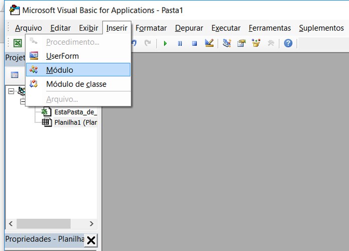 Use o menu do Visual Basic para inserir um módulo (Foto: Reprodução/Filipe Garrett)