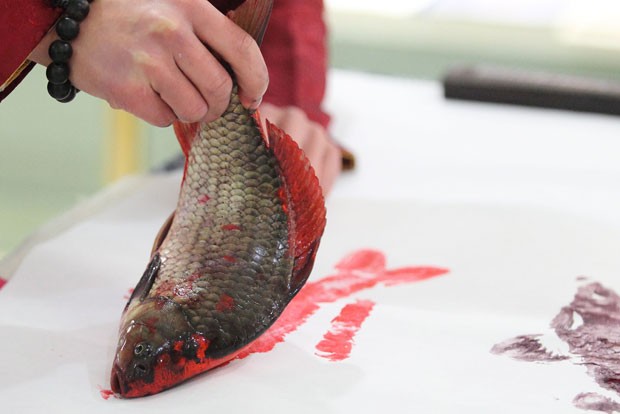 Han Xiaoming usa peixes vivos para criar suas pinturas em Hangzhou (Foto: AFP)