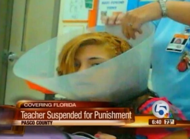 Estudantes tiveram que usar cone canino como castigo. (Foto: Reprodução)