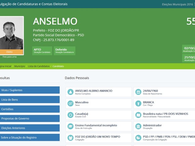Anselmo Albino Amâncio foi eleito em outubro deste ano (Foto: Reprodução/TSE)