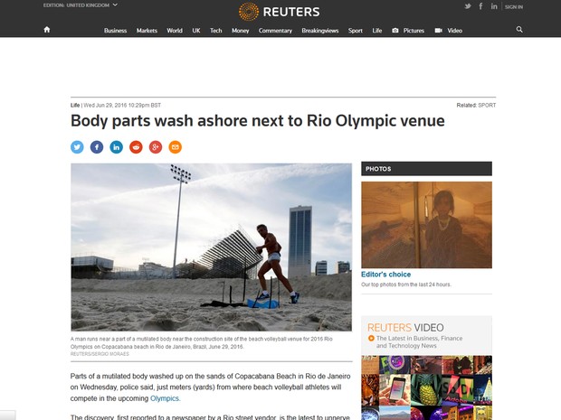 Agência de notícias Reuters destacou o fato de partes de um corpo humano serem encontradas próximo de equipamento olímpico na Praia de Copacabana (Foto: Reprodução/Reuters)