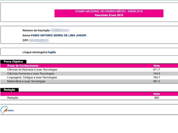 O estudante Fábio Serra, de João Pessoa, fez pontuação máxima em Matemática e suas Tecnologias (Foto: Reprodução/Inep)