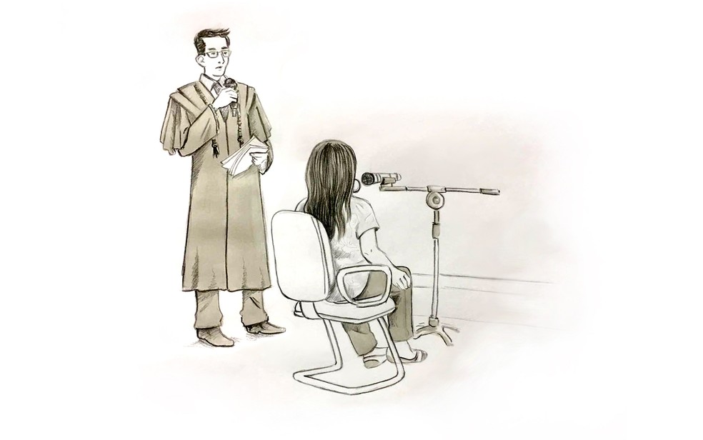 Ilustração mostra o depoimento da segunda babá, Mauriceia dos Santos, durante o julgamento de Elize Matsunaga. (Foto: Roberta Jaworski/Editoria de Arte/G1)