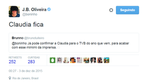 Boninho confirma permanência de Claudia Leitte no The Voice (Foto: Reprodução/Twitter)