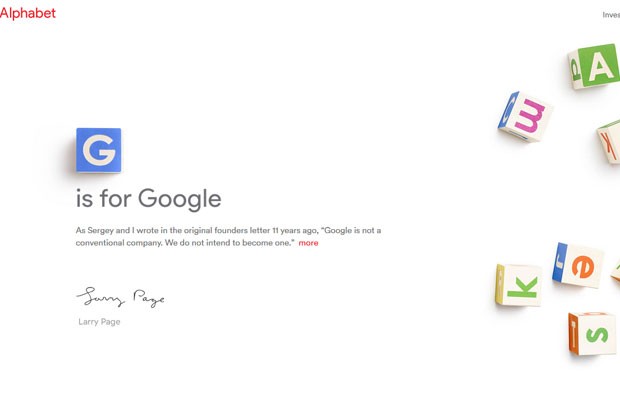 Página 'abc.xyz', usada para anunciar a criação da Alphabet, companhia manterá os serviços de internet do Google à parte do desenvolvimento de novas tecnologias. (Foto: Reprodução/abc.xyz)