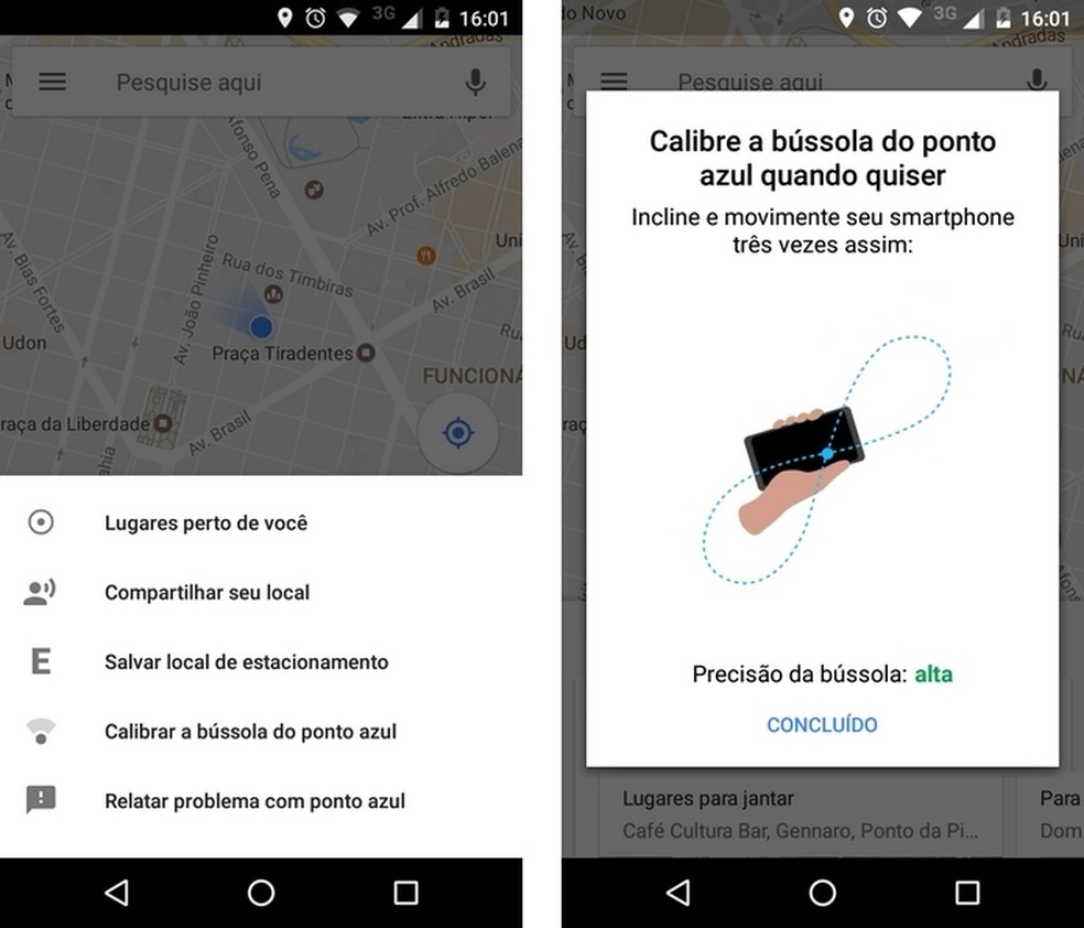 Google Maps permite calibrar a bússola para melhorar precisão da localização (Foto: Reprodução/Raquel Freire)