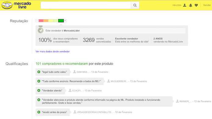 Analise as qualificações do vendedor e opinião dos compradores (Foto: Reprodução/Helito Bijora)