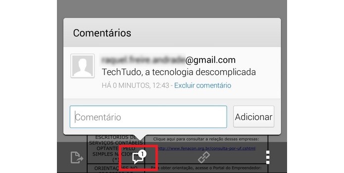 Ícone de inserir comentário no arquivo em destaque (Foto: Reprodução/Raquel Freire)