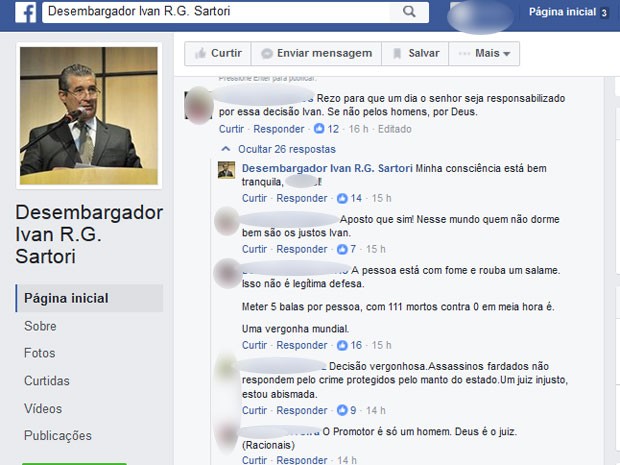Ivan Sartori escreveu que a está com a 'consiência tranquila' em post que rebate crítica de internauta no Facebook do desembargador (Foto: Reprodução / Facebook)