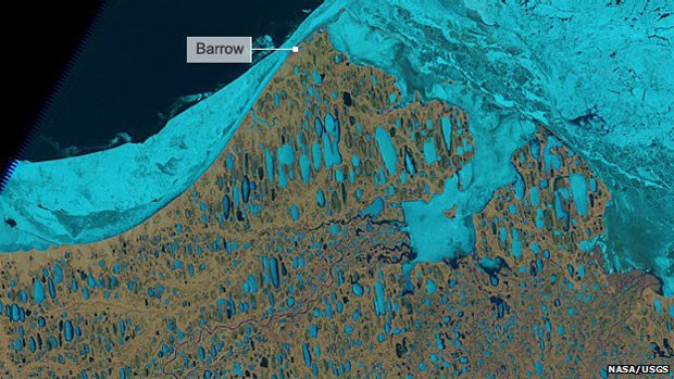 Entre os impactos das mudanças climáticas está o possível desaparecimento das estradas que cruzam lagos congelados no Alasca (Foto: BBC/Nasa)