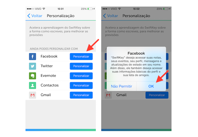 Vinculando o Facebook ao teclado SwiftKey do iOS (Foto: Reprodução/Marvin Costa)