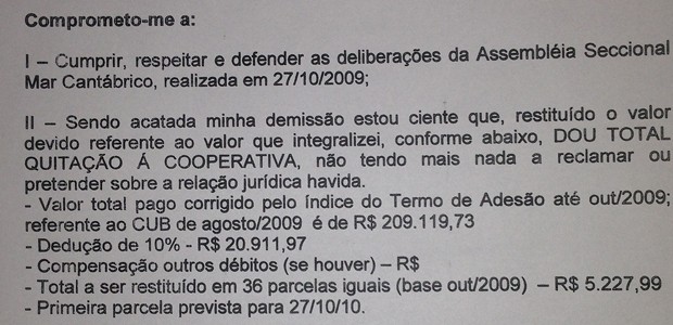 Instituto Lula divulgou termo de demissão da cooperativa, assinado por Marisa Letícia (Foto: Reprodução)