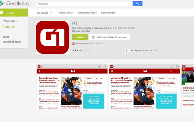 Aplitaivo do G1 pode ser baixado no Google Play para Android (Foto: Reprodução)