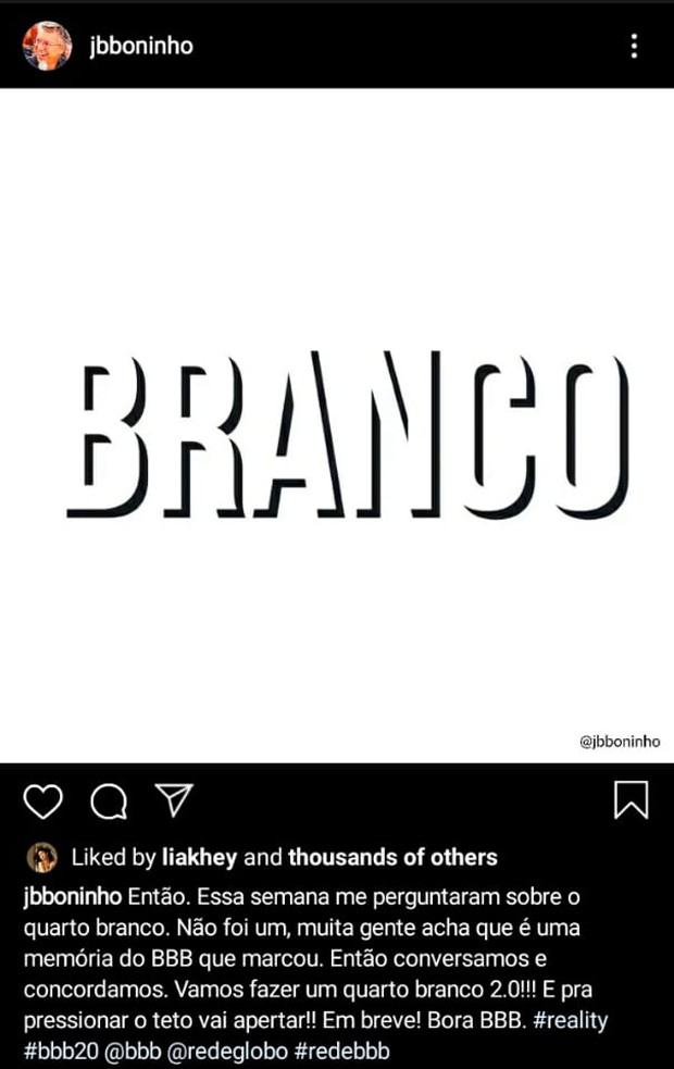 Boninho confirma Quarto Branco no BBB 20 (Foto: Reprodução/Instagram) Boninho confirma Quarto Branco no BBB 20 (Foto: Reprodução/Instagram)