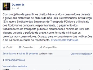 Duarte Júnior divulga nota sobre greve dos rodoviários em São Luís  (Foto: Foto/Reprodução)