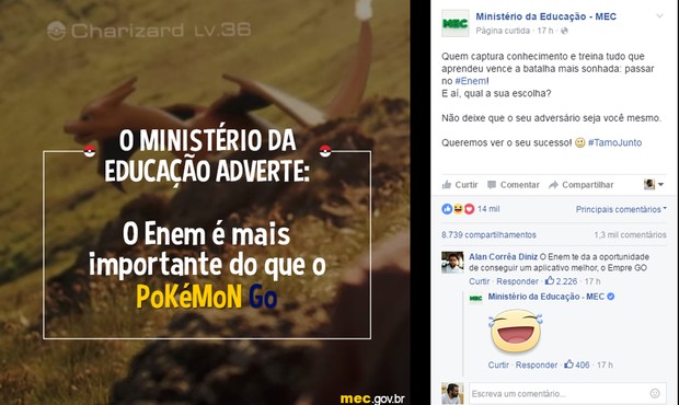 MEC faz postagem sobre o Pokemon Go (Foto: Reprodução/Facebook)
