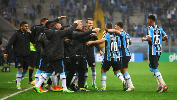 Grêmio marca contra o Santos na Arena (Foto: Lucas Uebel / Grêmio, DVG) Grêmio marca contra o Santos na Arena (Foto: Lucas Uebel / Grêmio, DVG)