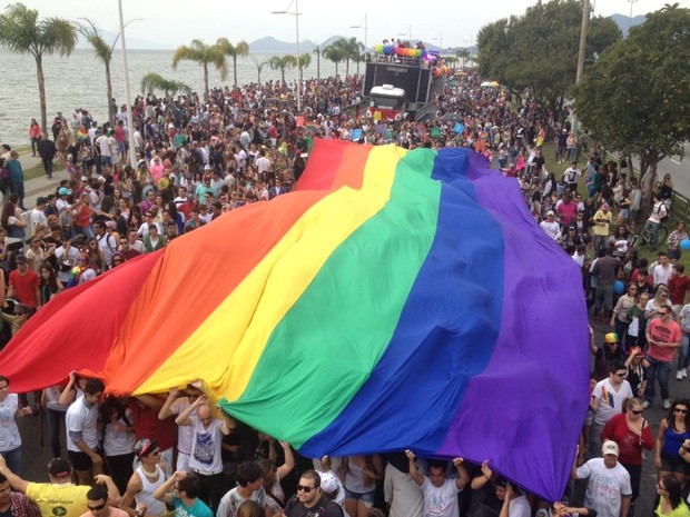 Bandeira da diversidade é carrgada durante evento em Florianópolis (Foto: Cristiano Anunciação/G1)