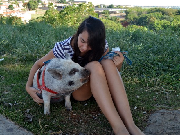 Estudante de Piracicaba e o porquinho em área verde  (Foto: Fernanda Zanetti/G1)