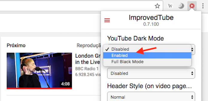 Opção para ativar o modo escuro do YouTube com a extensão ImprovedTube (Foto: Reprodução/Marvin Costa)