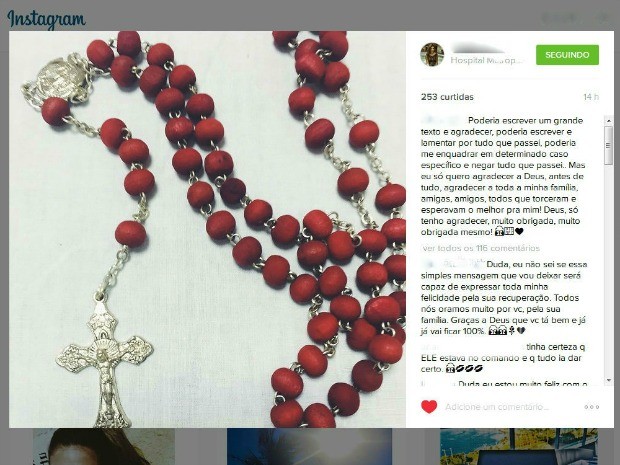 Maria Eduarda Caran postou mensagem de agradecimento em rede social  no espírito santo (Foto: Reprodução/Instagram)