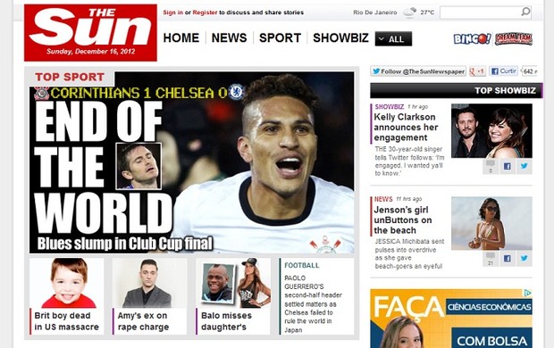 Site do "The Sun" estampa a manchete "Fim do Mundo" para falar do título mundial do Corinthians (Foto: Reprodução)