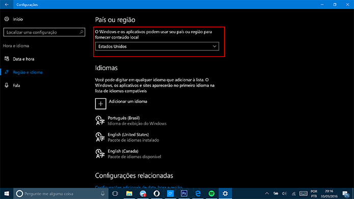 Mude a região do Windows 10 para Estados Unidos para usar funções da Cortana (Foto: Reprodução/Elson de Souza)