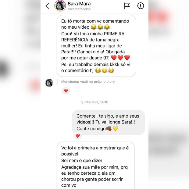Declaração de youtuber Sara Mara agradecendo Aretha de Oliveira (Foto: Reprodução/ Instagram)