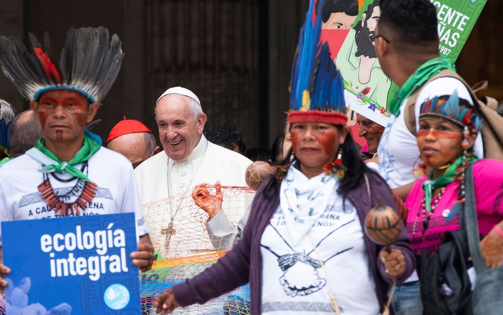 O Papa Francisco participou nesta segunda (7) da 1ª reunião de trabalho do Sínodo dos Bispos sobre a Amazônia — Foto: Claudio Peri/ANSA via AP