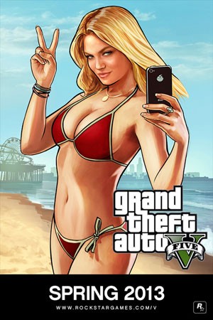 Na imagem do anúncio do lançamento de 'GTA V', a Rockstar publicou arte de mulher tirando foto com clone do iPhone (Foto: Divulgação)