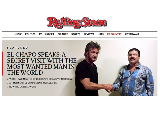 O ator Sean Penn (à esq.) e o traficante El Chapo, no site da revista Rolling Stones (Foto: Reprodução/Rolling Stones)