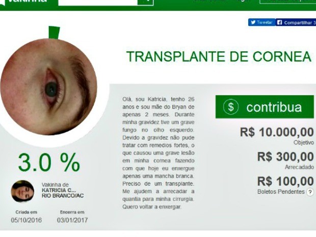 Professora decidiu fazer vaquinha online e arrecadar R$ 10 mil para fazer transplante de córnea (Foto: Reprodução/Vakinha)