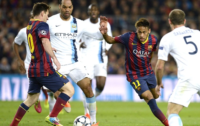 Neymar e Messi jogo Barcelona e Manchester City (Foto: AFP)