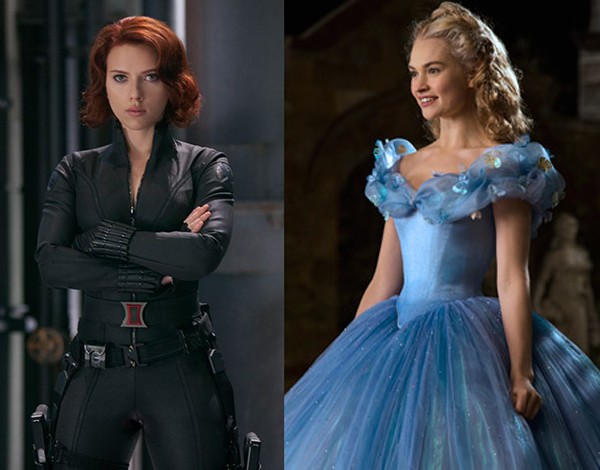 Scarlett Johansson em 'Vingadores: Era de Ultron' (2015) e Lily James no filme 'Cinderela' (2015) (Foto: Divulgação)