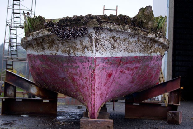 Barco atingido pelo tsunami de 2011 no Japo que foi encontrado na costa do Oregon, nos Estados Unidos (Foto: Beth Nakamura/The Oregonian/AP)