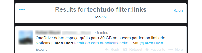 Recurso permite encontrar mensagens com links, fotos ou vídeos (foto: Reprodução/Twitter)
