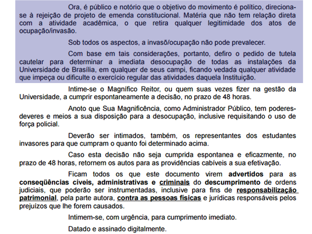 Trecho da decisão judicial que determina desocupação da Universidade de Brasília (Foto: Reprodução) Trecho da decisão judicial que determina desocupação da Universidade de Brasília (Foto: Reprodução)