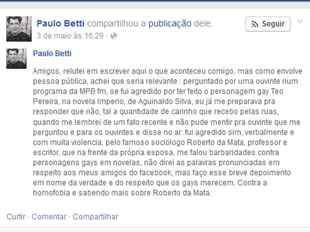 Post de Paulo Betti no Facebook (Foto: Reprodução)