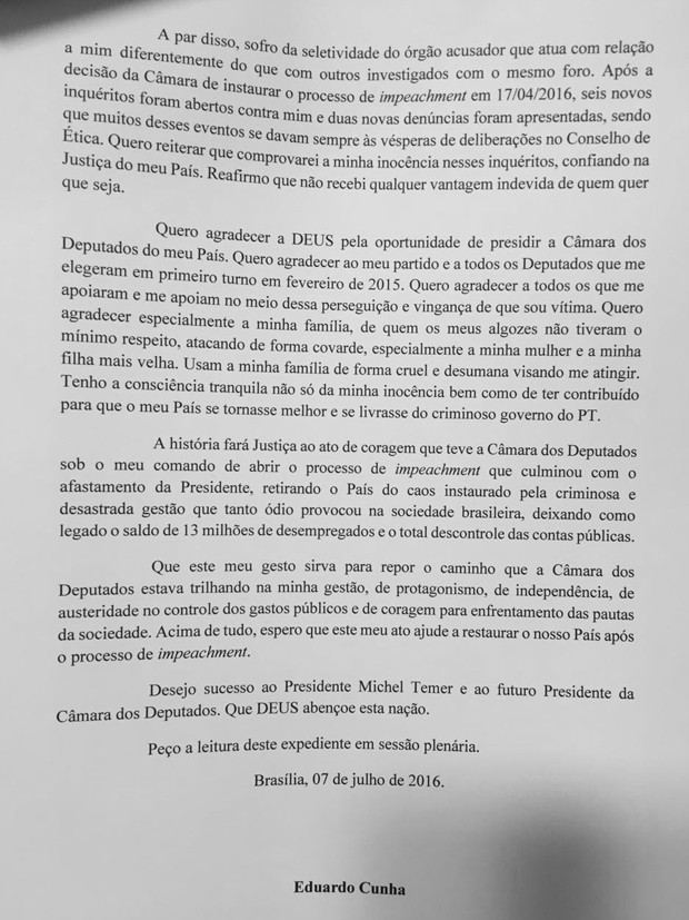 Segunda página da carta de renúncia de Eduardo Cunha (Foto: Reprodução)