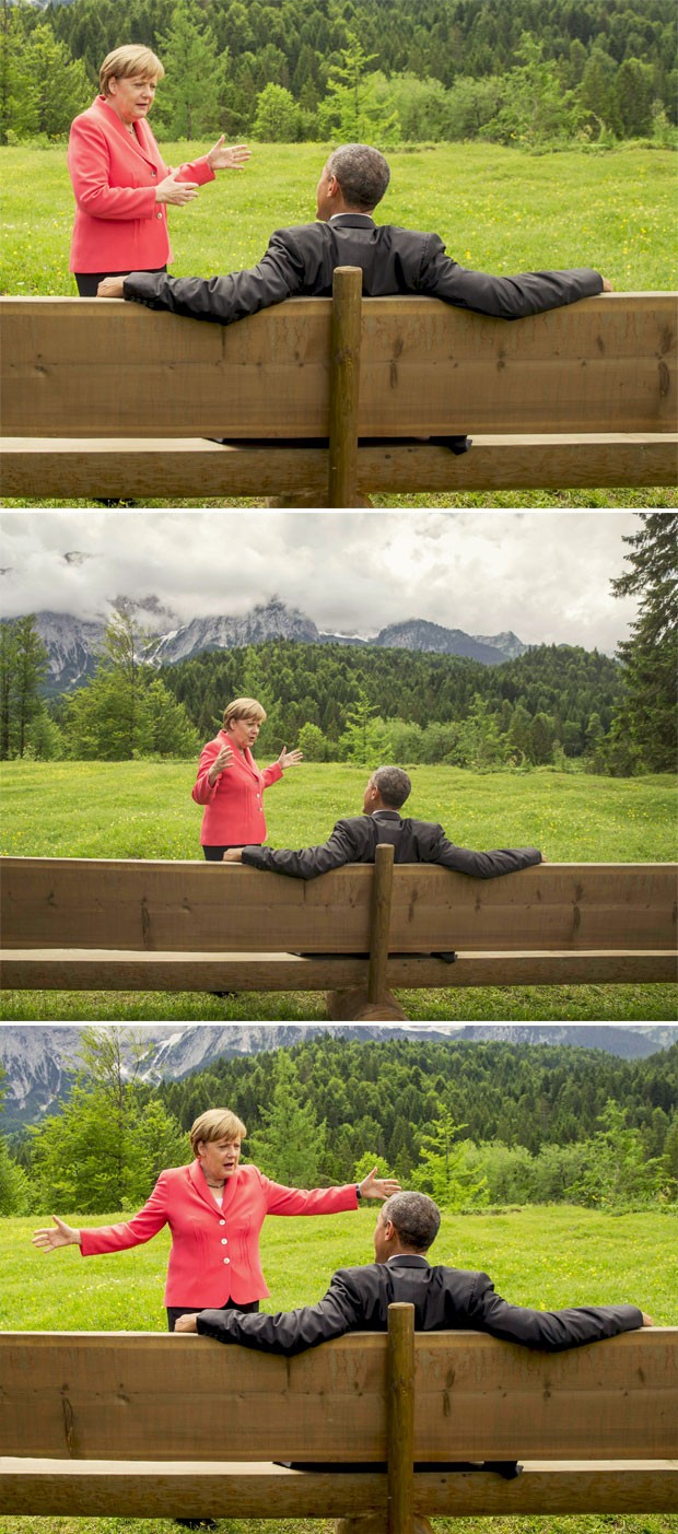 Angela Merkel e Barack Obama conversam durante a cúpula do G7, nesta segunda-feira (8), em Garmisch-Partenkirchen, no sul da Alemanha (Foto: Reuters/Michael Kappeler/Poo)