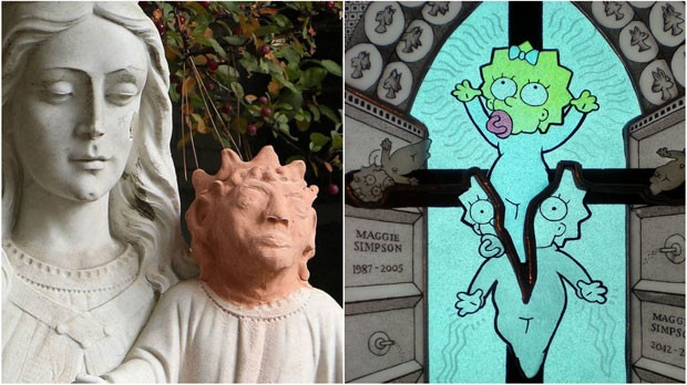 A estátua do menino Jesus com a nova cabeça no Canadá (à esq.) e Maggie Simpson retratada em vidro em trabalho do artista Joseph Cavalieri (Foto: BBC/AP/Getty Images)
