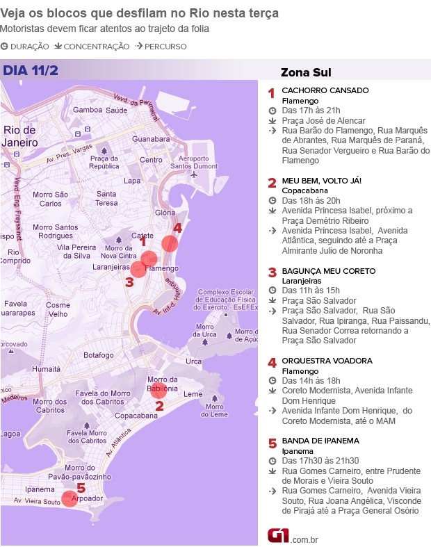 Mapa dos blocos de terça na Zona Sul (Foto: Editoria de Arte) Mapa dos blocos de terça na Zona Sul (Foto: Editoria de Arte)