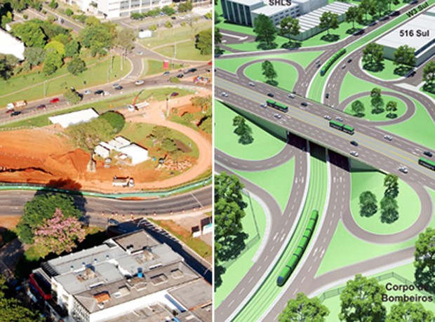 Obras do VLT na Asa Sul em Brasília (esq.) e previsão de projeto pronto (dir.) (Foto: GDF/Divulgação) Obras do VLT na Asa Sul em Brasília (esq.) e previsão de projeto pronto (dir.) (Foto: GDF/Divulgação)