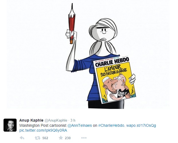 Ann Telnaes, cartunista do jornal 'Washington Post', também comentou ataque à sede da 'Charlie Hebdo' (Foto: Reprodução/Twitter)