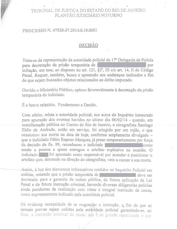 Justia do Rio decreta priso temporria de suspeito de atingir o cinegrafista Santiago Andrade. (Foto: Reproduo / TJRJ)