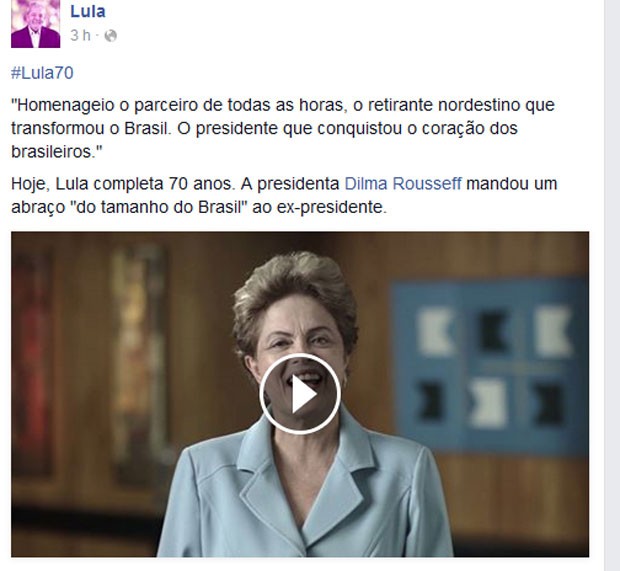 Dilma parabeniza Lula pelos 70 anos em vídeo no Facebook (Foto: Reprodução/Facebook)