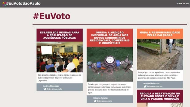 Ferramenta DemocracyOS, desenvolvida por Santiago Siri, foi base para a a criação do aplicativo Eu Voto, lançado em abril para a participação dos eleitores de São Paulo (Foto: Reprodução/ Eu Voto)