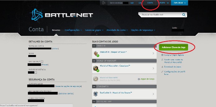 Acesse sua conta na Battle.net e clique em Adicionar chave de jogo (Foto: Reprodução / João Moura)